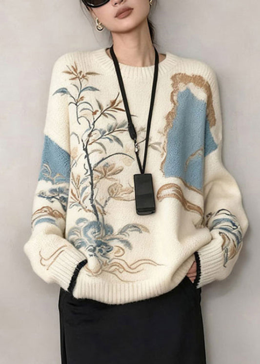 French White Plants Cozy Knit Sweater Winter
