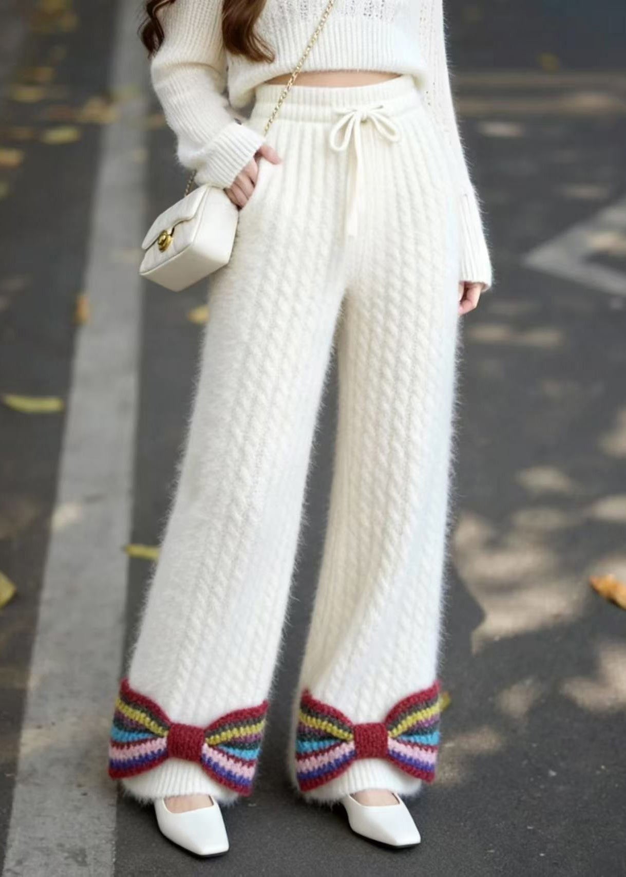 Pantalones de punto con cintura elástica y lazo con bolsillos blancos franceses para primavera