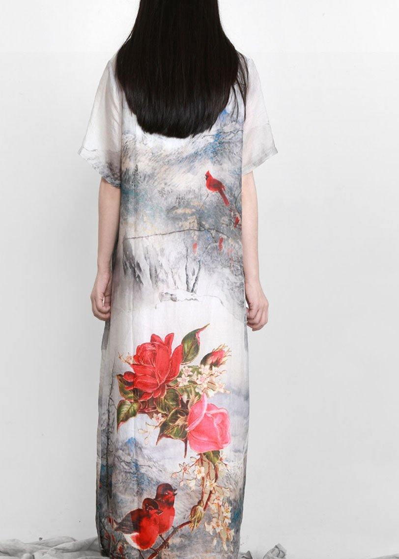 French White Print Linen Chinese Button Vacation Dresses - SooLinen