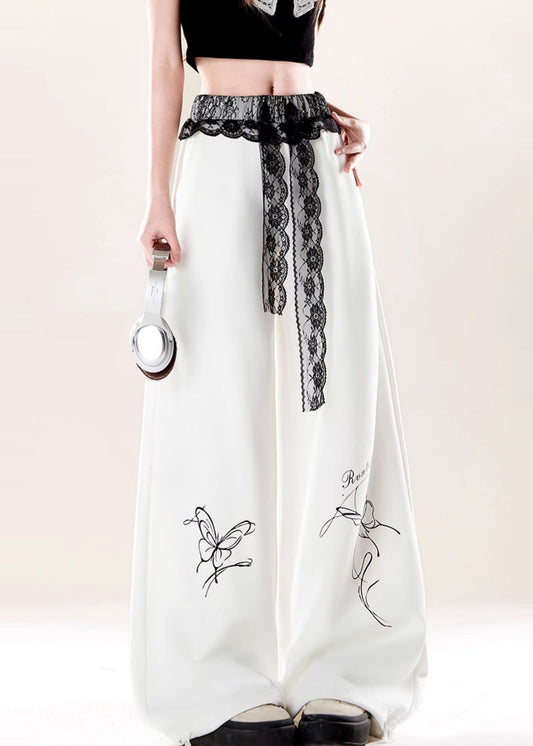 French White Print Patchwork Lace Wide Leg Pants Fall