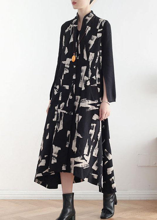 French White Print Pockets Cotton Dress Asymmetrical Design Waistcoat Fall Long Dress - SooLinen