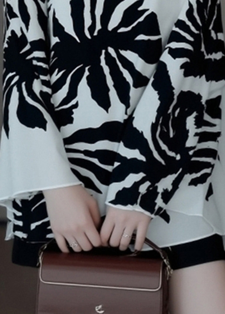 French White Print Wrinkled Shirt Batwing Sleeve