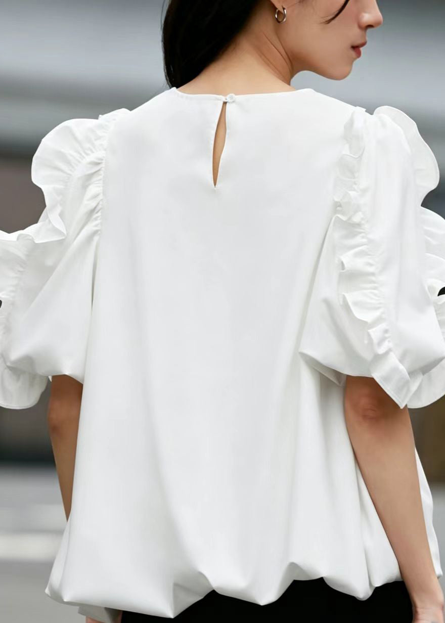 French White Ruffled Cotton Shirt Top Summer