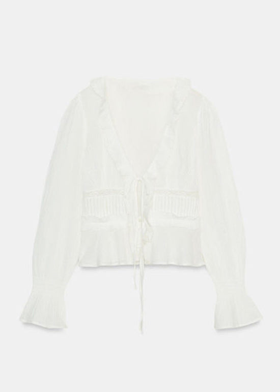 French White Ruffled Lace Up Patchwork Cotton Top Long Sleeve