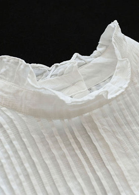 Französisches weißes Rüschen-Patchwork-Baumwollhemd mit langen Ärmeln