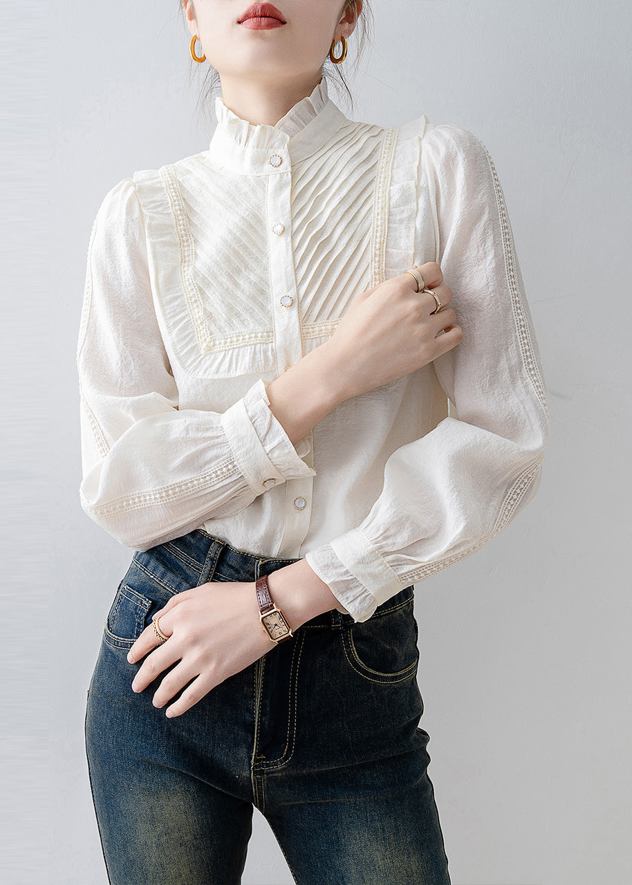French White Ruffled Patchwork Wrinkled Chiffon Shirt Tops Spring