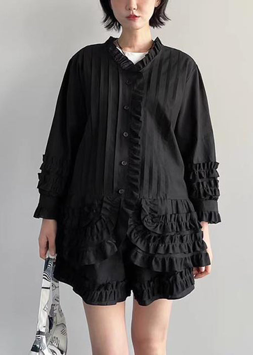 Französisches weißes Rüschenhemd und Shorts, zweiteiliges Baumwoll-Set für den Frühling