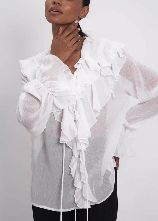 French White Ruffles Chiffon Sheer Shirts Summer