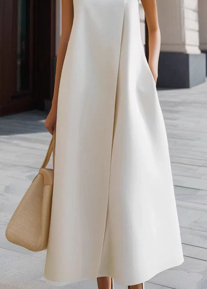 French White Stand Collar Vacation Dresses Sleeveless