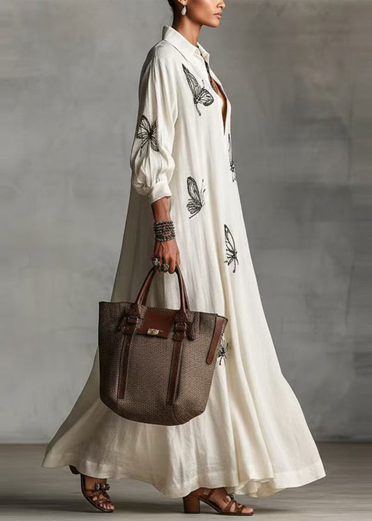 French White V Neck Butterfly Print Vacation Dresses Long Sleeve