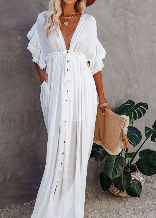 French White V Neck Button Maxi Dress Short Sleeve