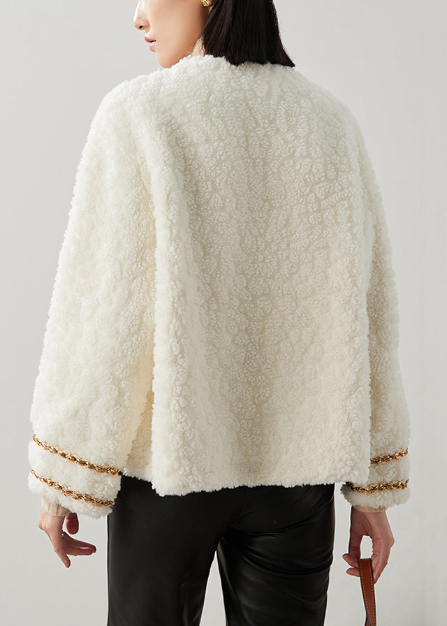 French White V Neck Button Patchwork Woolen Coats Winter