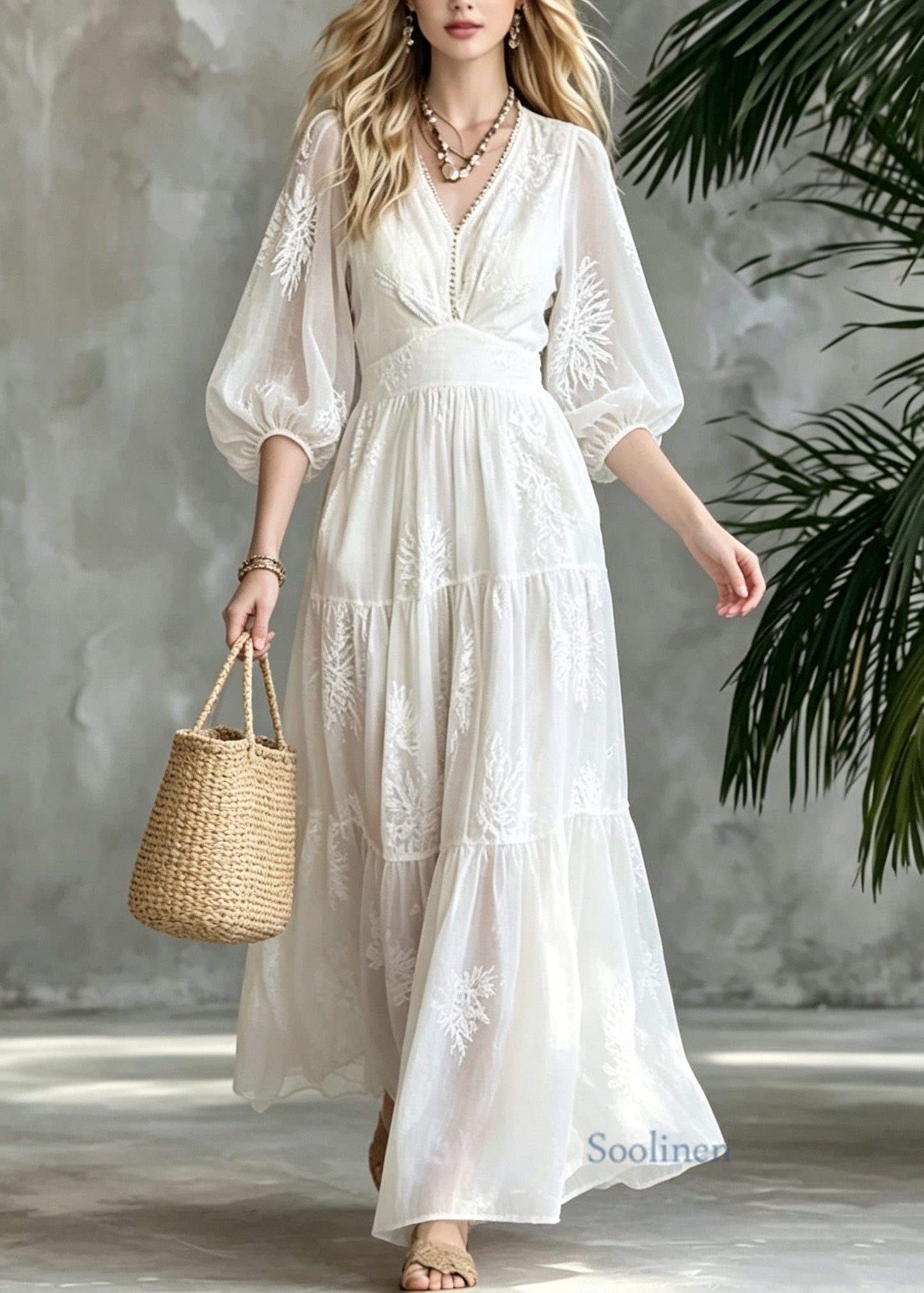 French White V Neck Embroidered Patchwork Cotton Ankle Dress Summer
