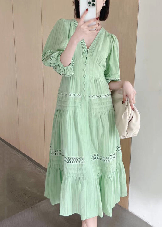 French White V Neck Hollow Out Cotton Dress Bracelet Sleeve