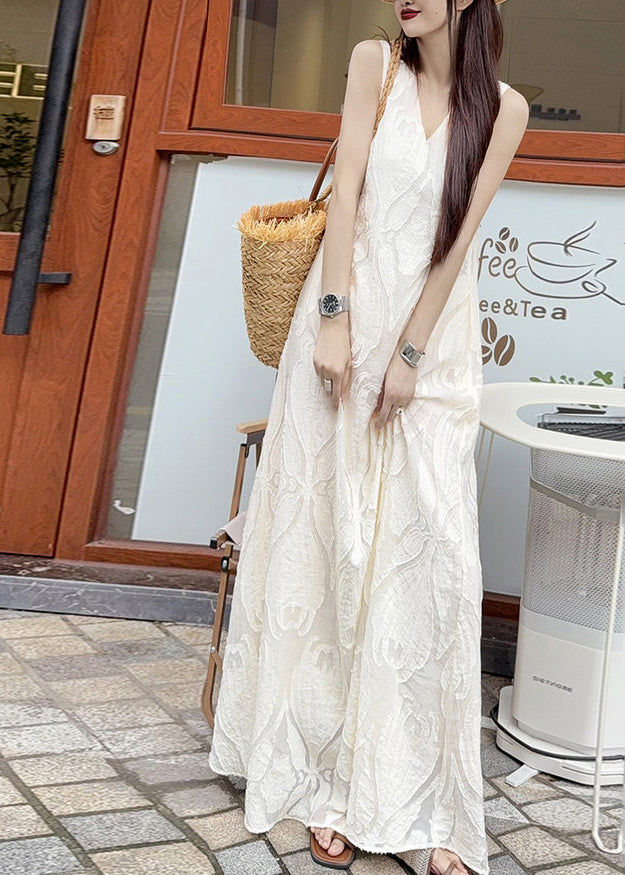 French White V Neck Jacquard Cotton Robe Dresses Sleeveless