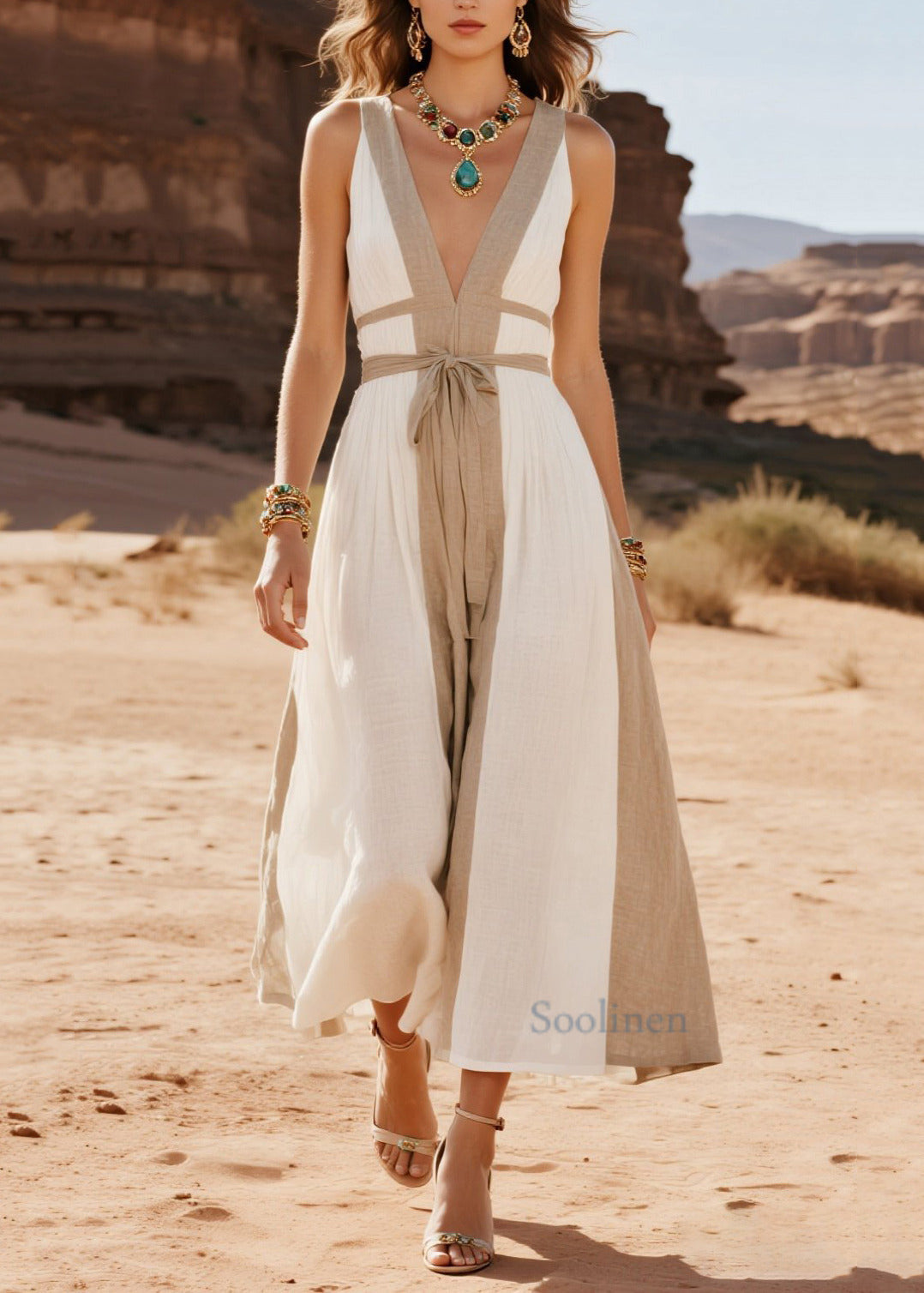 Vestido de verano francés de algodón con cuello en V y patchwork blanco