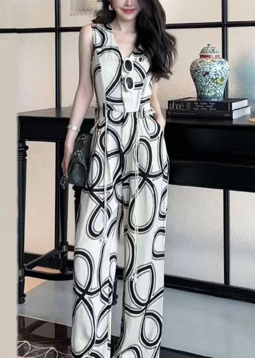 French White V Neck Print Button Cotton Jumpsuits Sleeveless
