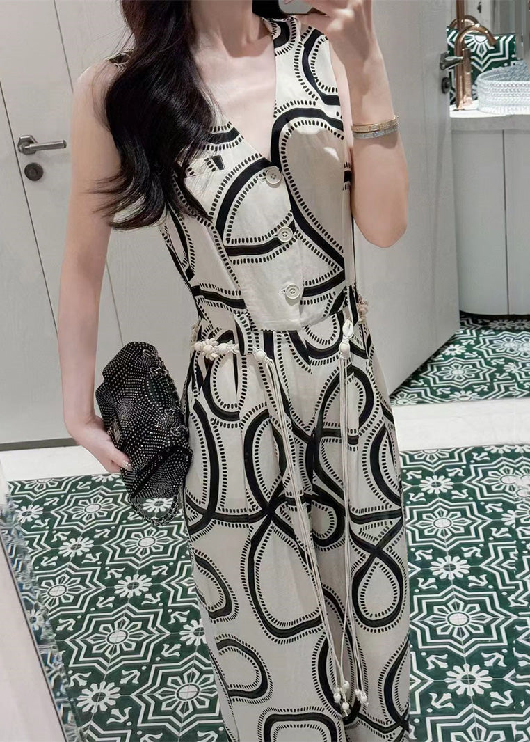 French White V Neck Print Button Cotton Jumpsuits Sleeveless