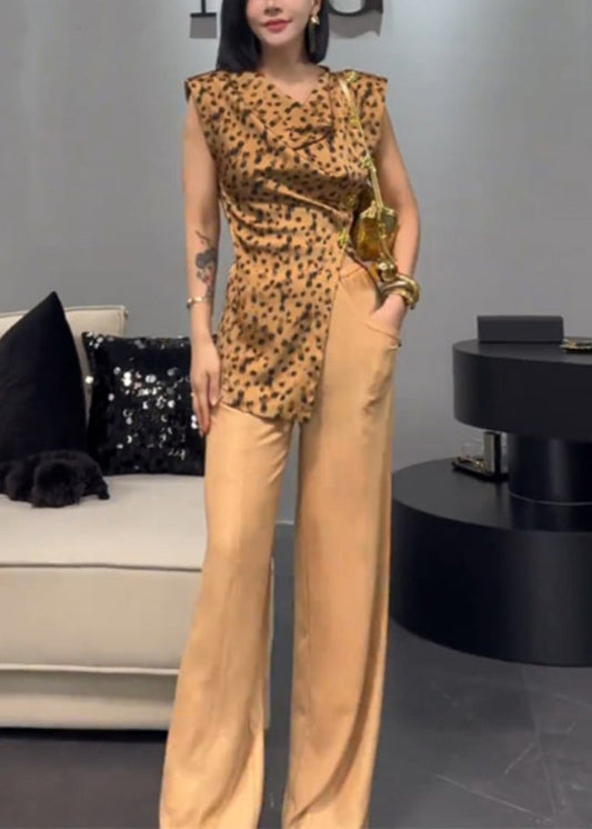 Französisches gelbes asymmetrisches Drucktaschen-Baumwoll-Zweiteiler-Set ärmellos