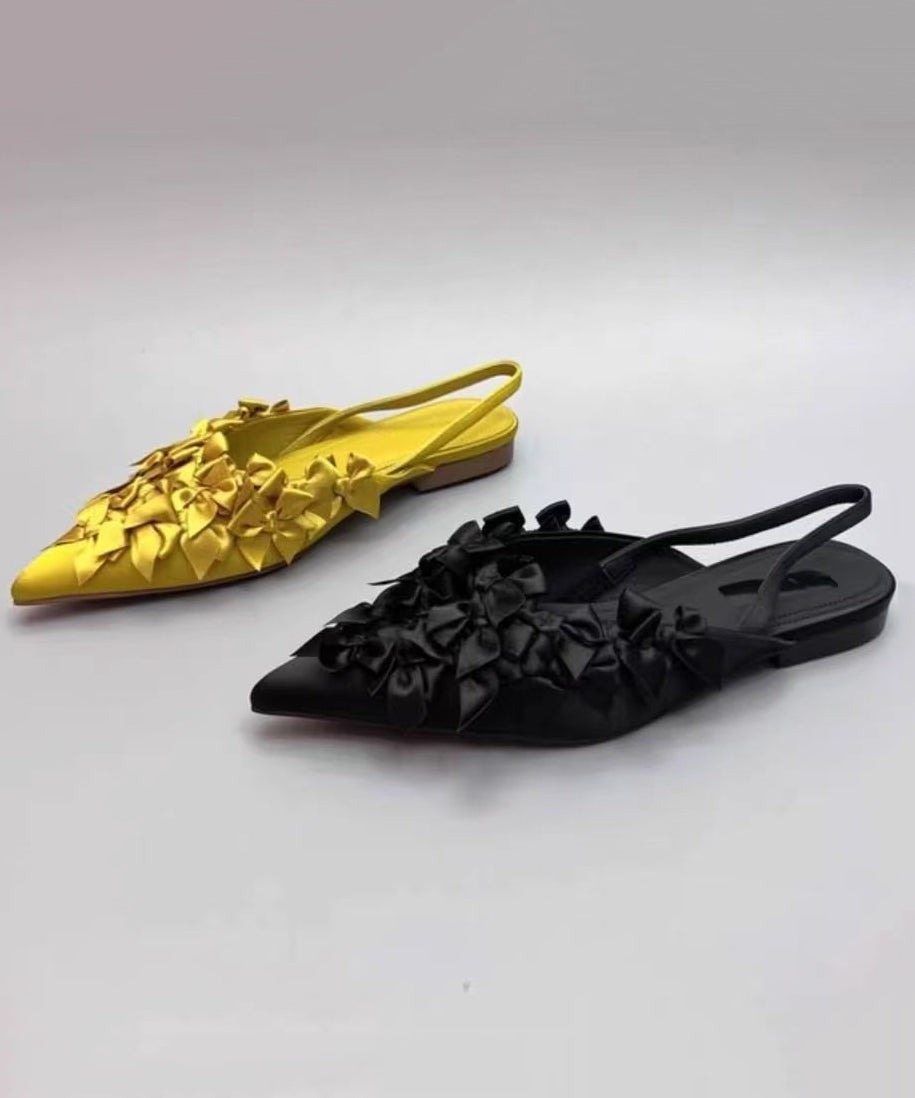 Französische flache Sandalen mit gelber Schleife und spitzer Zehenpartie