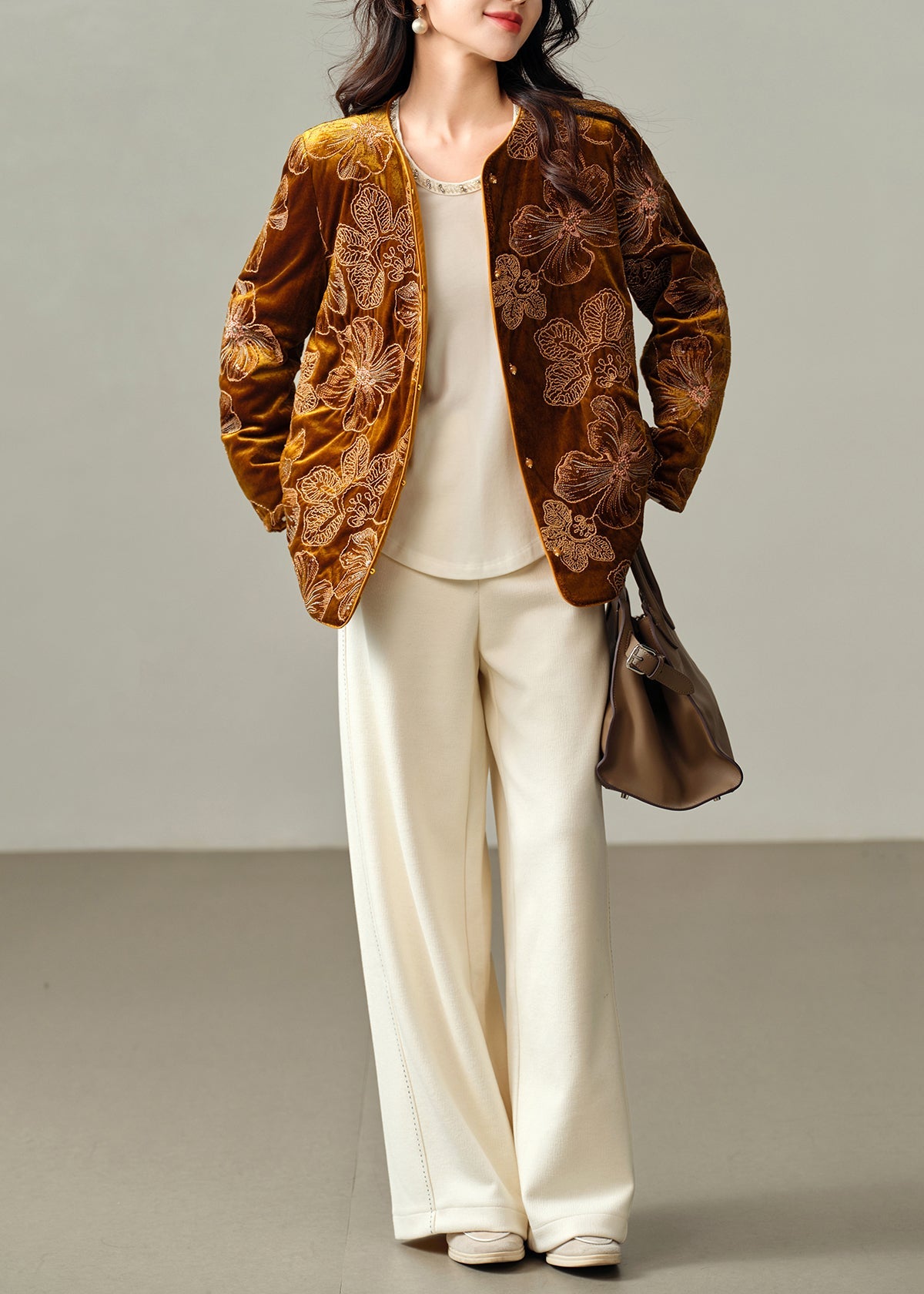 French Yellow Embroidered Fine Cotton Filled Silk Velvet Jacket Winter