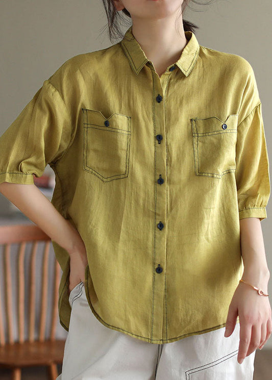 Camisa de algodón con cuello Peter Pan amarillo francés y patchwork para verano