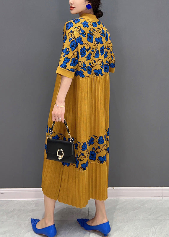 Französisches gelbes Peter-Pan-Kragen-Print-Strick-Patchwork-Maxikleid mit halben Ärmeln