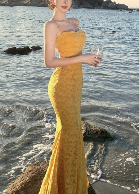 French Yellow Print Maxi Spaghetti Strap Fishtail Dress Sleeveless