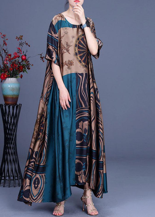 French Yellow Print Silk O-Neck Summer Long Dress - SooLinen