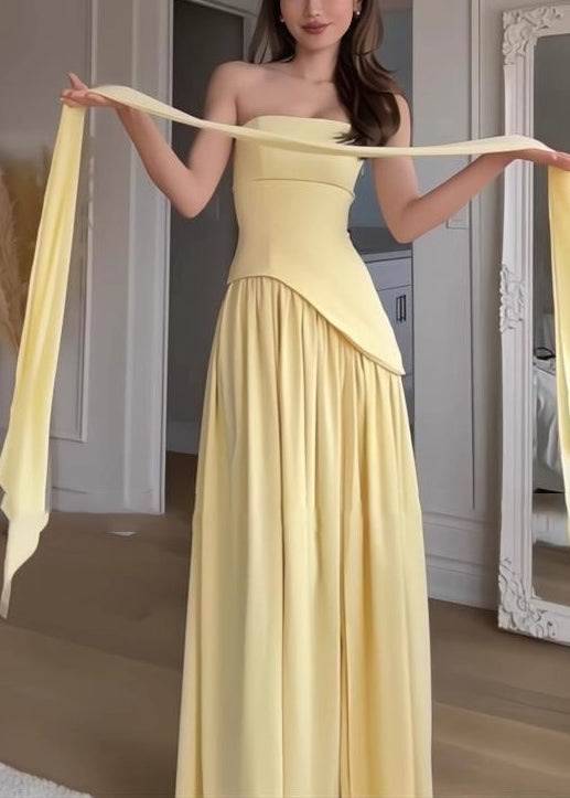 French Yellow Side Open Patchwork Strapless Dress Summer