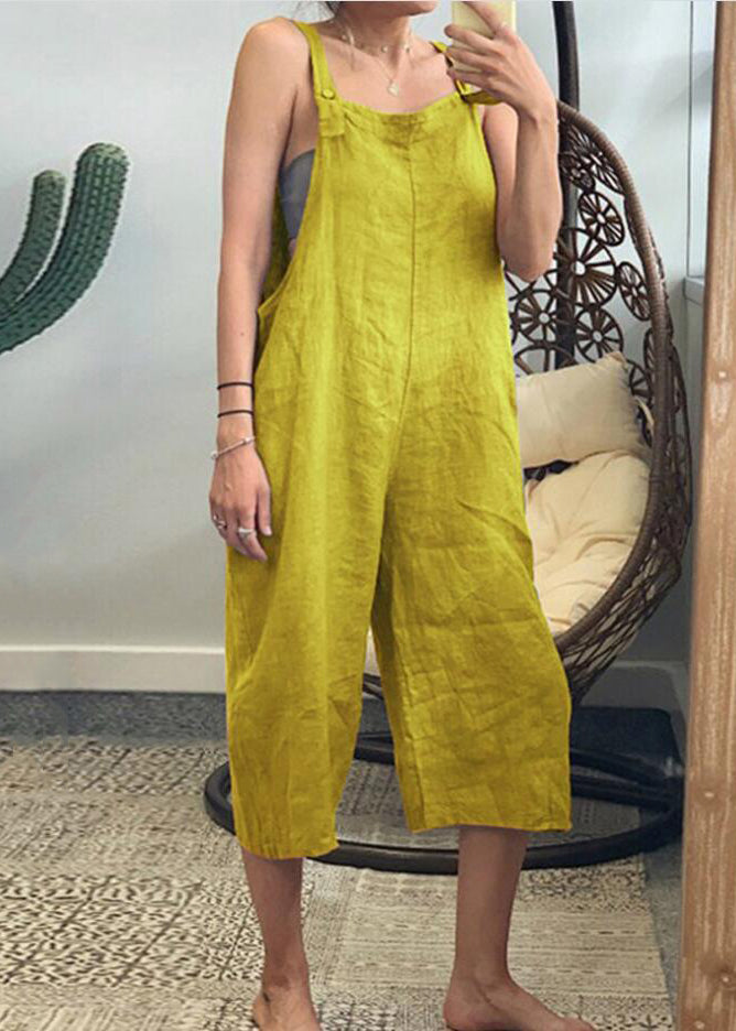 Französische gelbe, einfarbige Jumpsuits aus Baumwolle mit hoher Taille und ärmellos