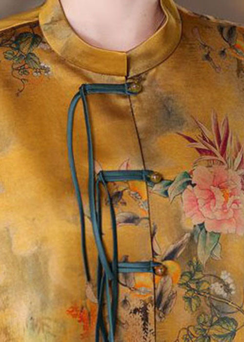 Französische gelbe Stehkragen Übergroße Patchwork-Print Seidenhemden Fledermausärmel