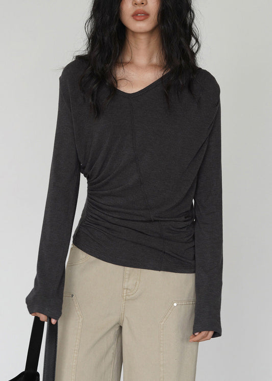 French Yellow V Neck Wrinkled Cotton Tops Spring