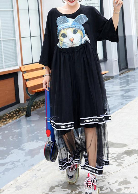 French black cotton Long Shirts patchwork tulle Plus Size summer Dresses - SooLinen