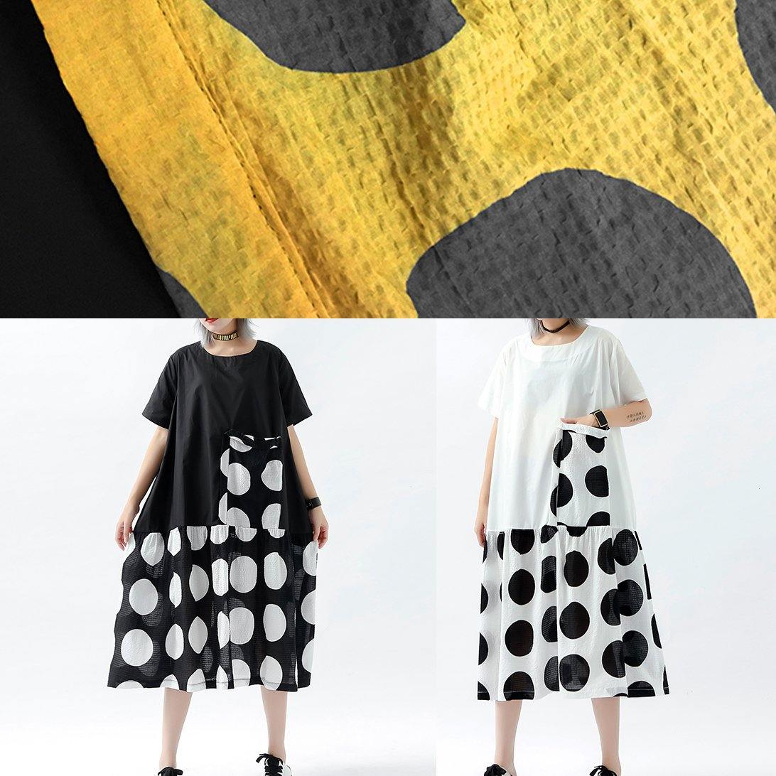 French black dotted linen cotton tunic top patchwork pockets Plus Size Clothing summer Dress - SooLinen