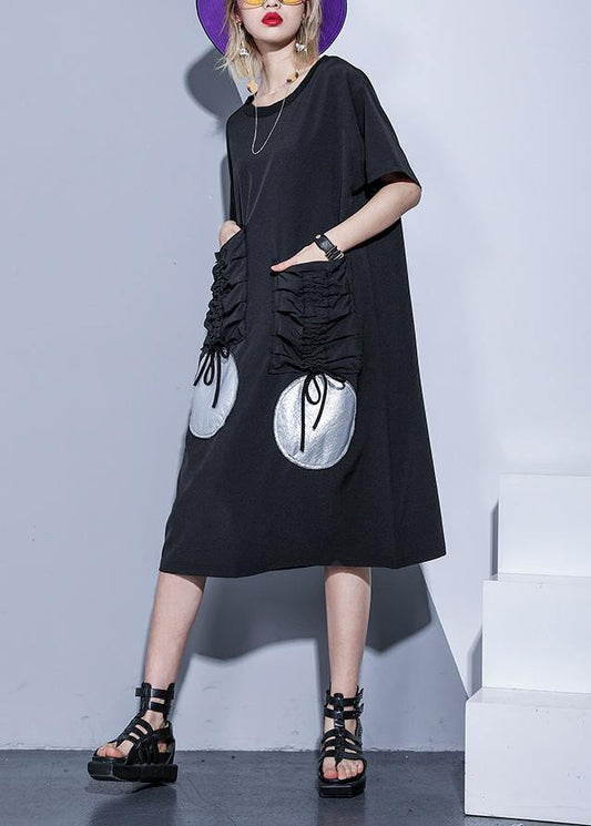 French black half sleeve Cotton pockets drawstring tunic summer Dress - SooLinen