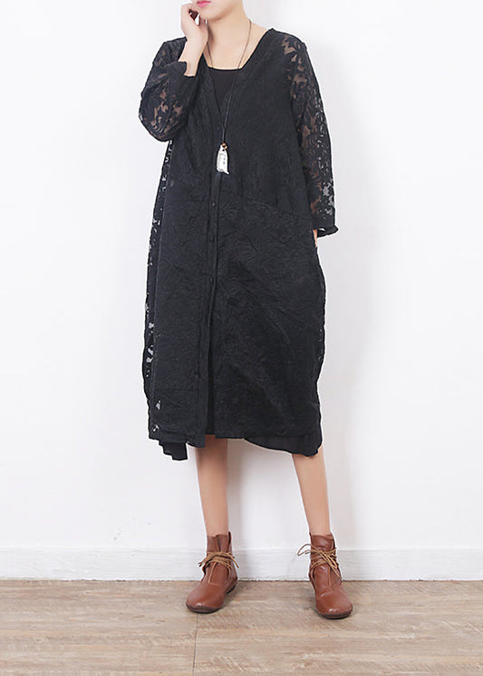 Französische schwarze Spitzenkleidung für Frauen Omychic Arbeitsoutfits mit V-Ausschnitt, lockere Sommer-Strickjacke mit Aushöhlen