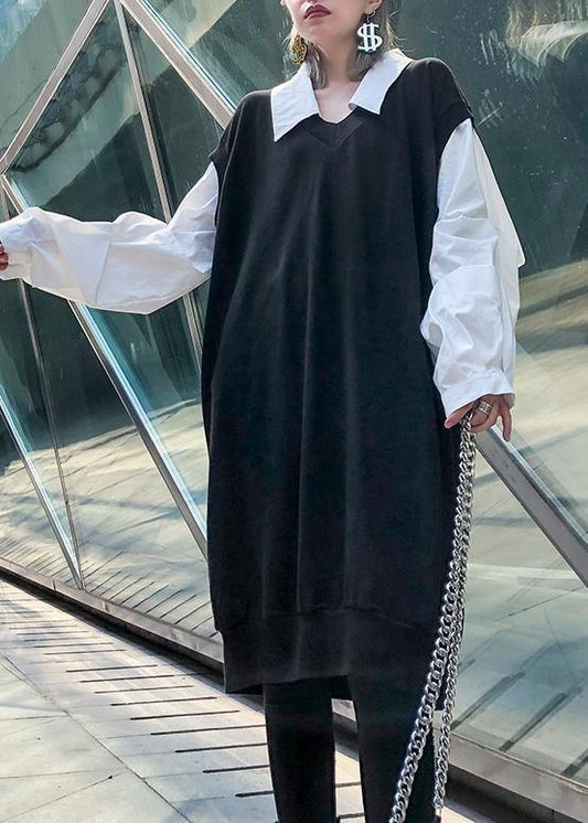 French black patchwork white cotton tunic dress lapel Cinched long Dress - SooLinen