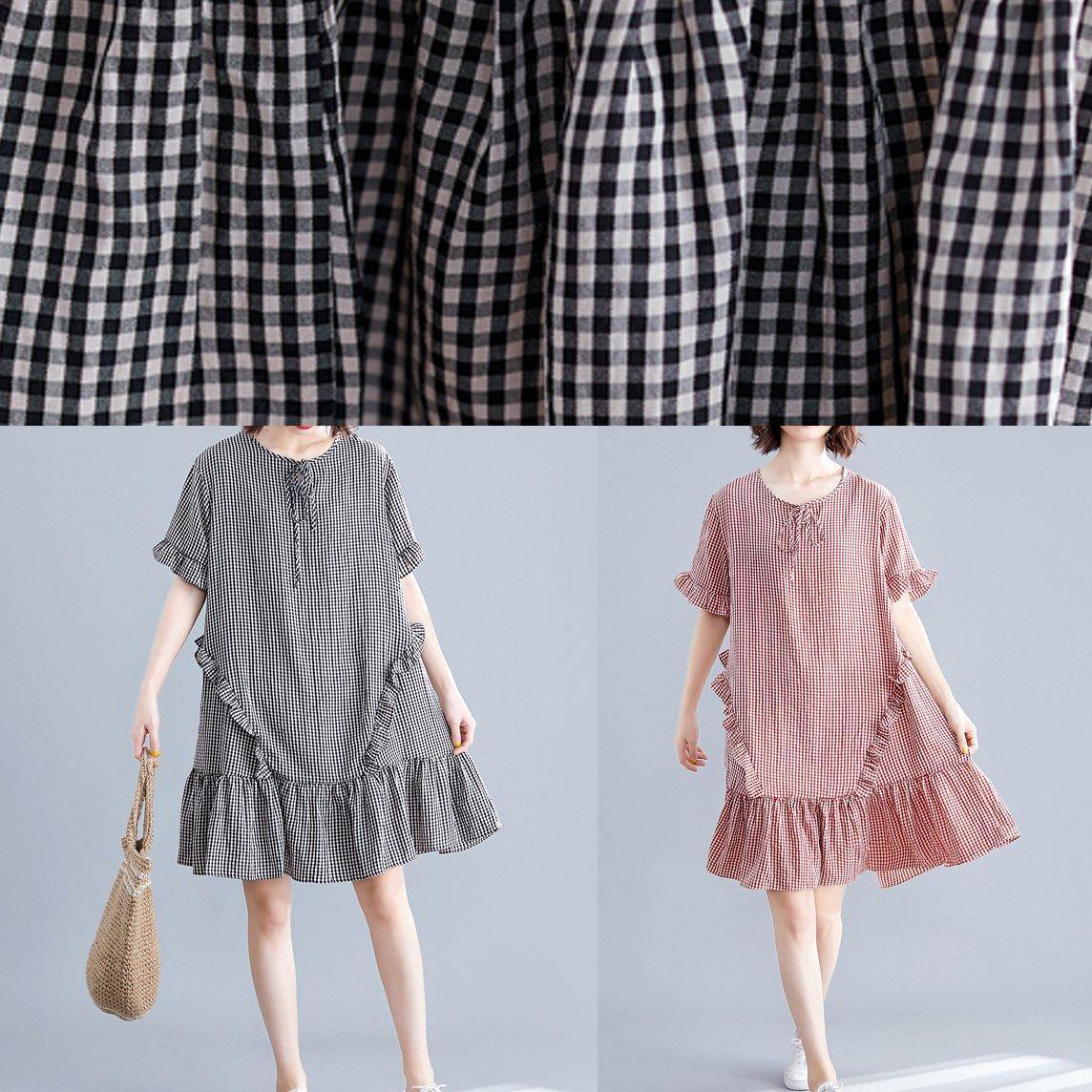French black plaid Cotton quilting dresses o neck Ruffles cotton Dress - SooLinen