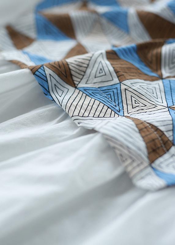 French black print cotton clothes For Women o neck patchwork Art blouses - SooLinen