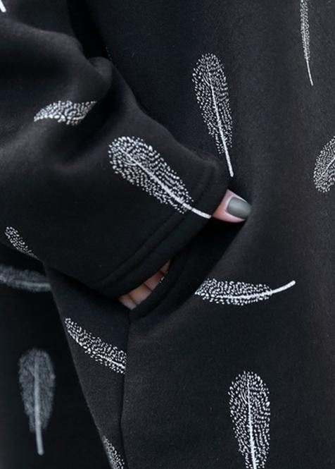 French black print cotton clothes Women hooded pockets A Line Dress - SooLinen