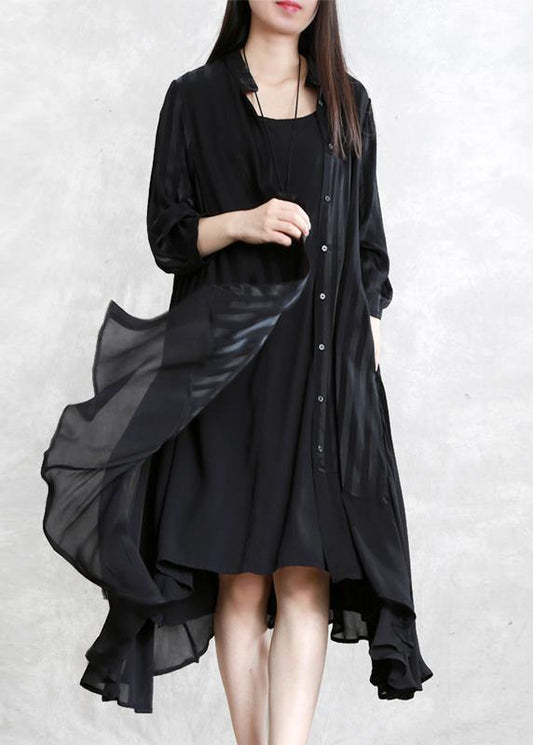 French black striped Fashion tunic pattern Neckline stand collar patchwork cardigan - SooLinen