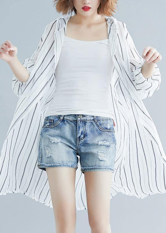 French black striped chiffon box top hooded daily summer shirts - SooLinen