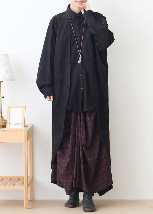 French black fine trench coat Sewing lapel low high design outwears - SooLinen