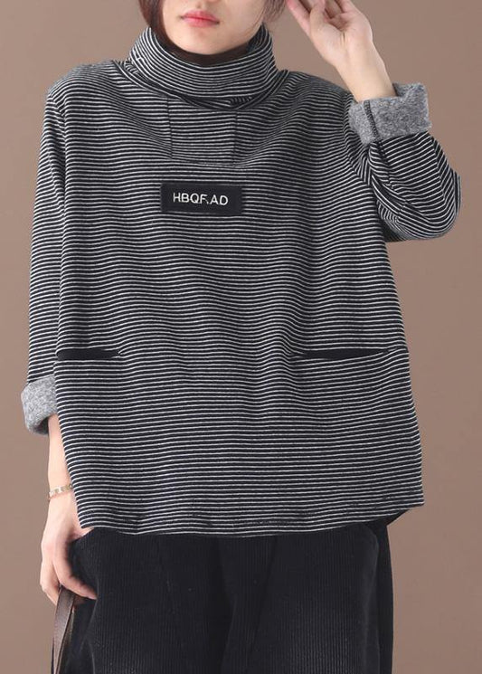 French black white striped cotton Blouse thick box high neck shirt - SooLinen