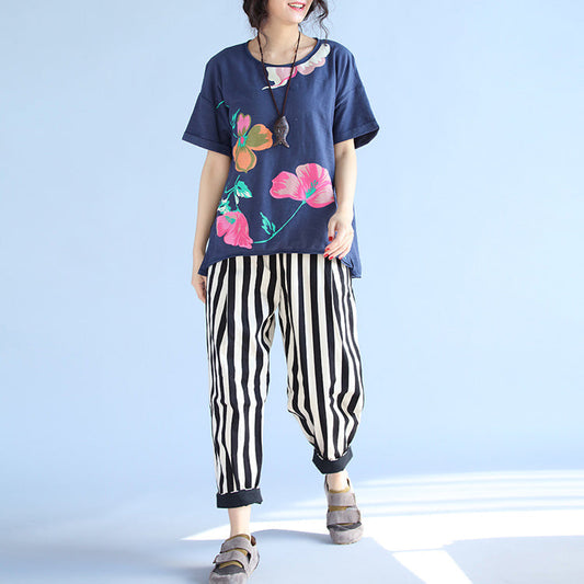 French blue print cotton tunic top Fitted Tutorials short sleeve loose blouse