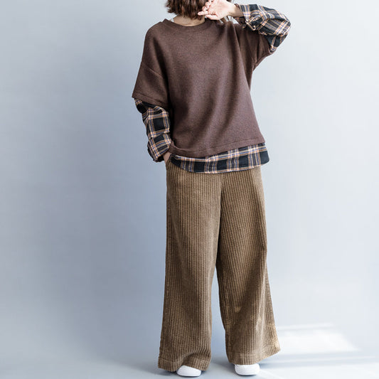 Französische braune Baumwollkleidung Bio-Tunika-Tops Tunika O-Ausschnitt Patchwork-Blusen