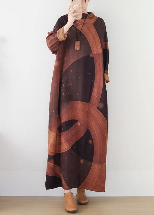French brown priints cotton dresses loose waist Art o neck Dress - SooLinen