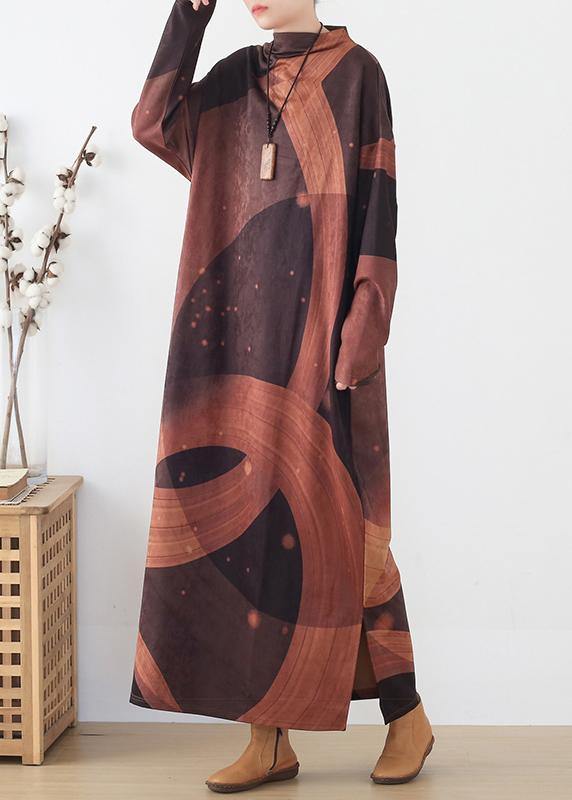 French brown priints cotton dresses loose waist Art o neck Dress - SooLinen
