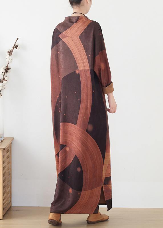French brown priints cotton dresses loose waist Art o neck Dress - SooLinen